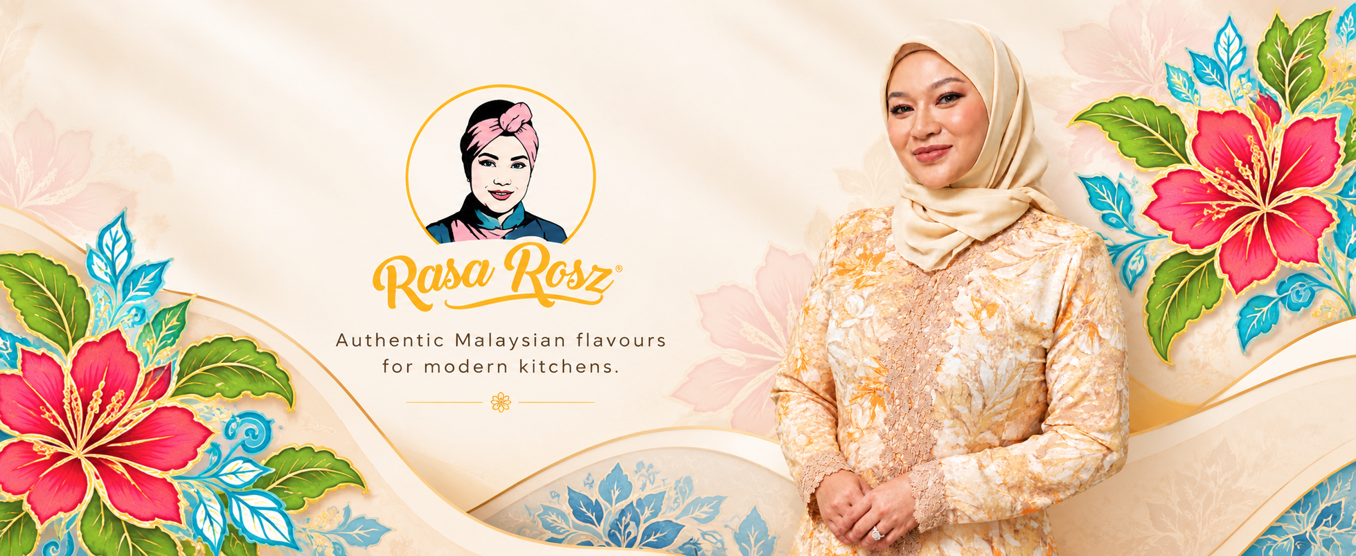 Rasa Rosz logo and founder Dato’ Sri Rozita Ramelan, framed by cream and red hibiscus