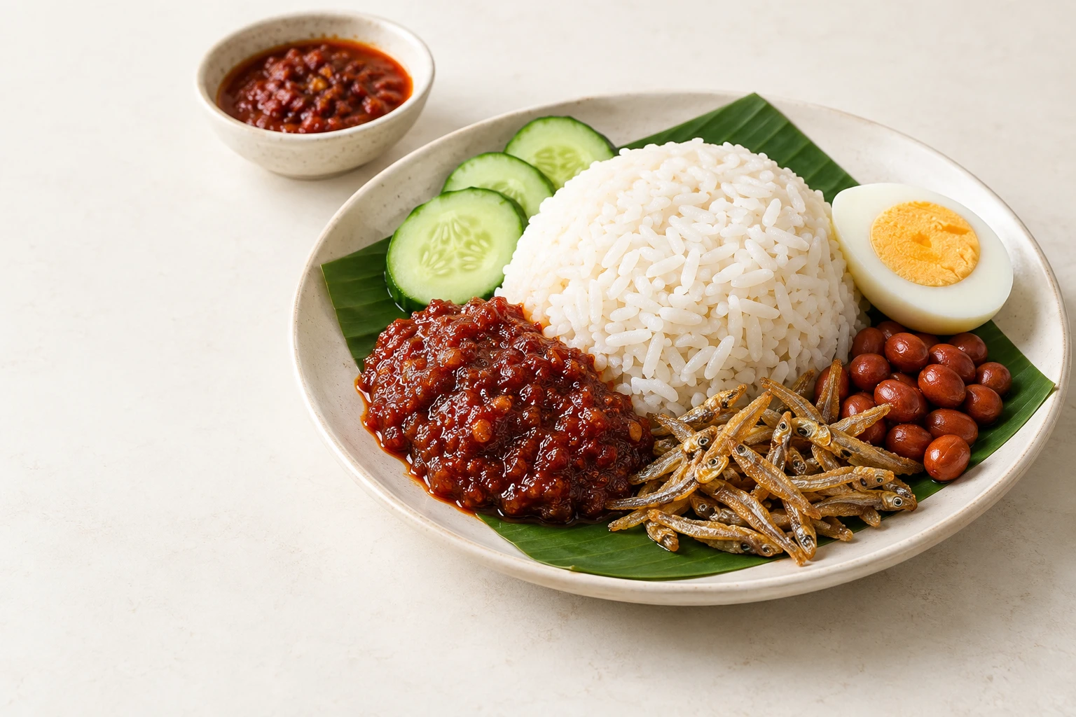 Nasi lemak with sambal, anchovies, cucumber and egg