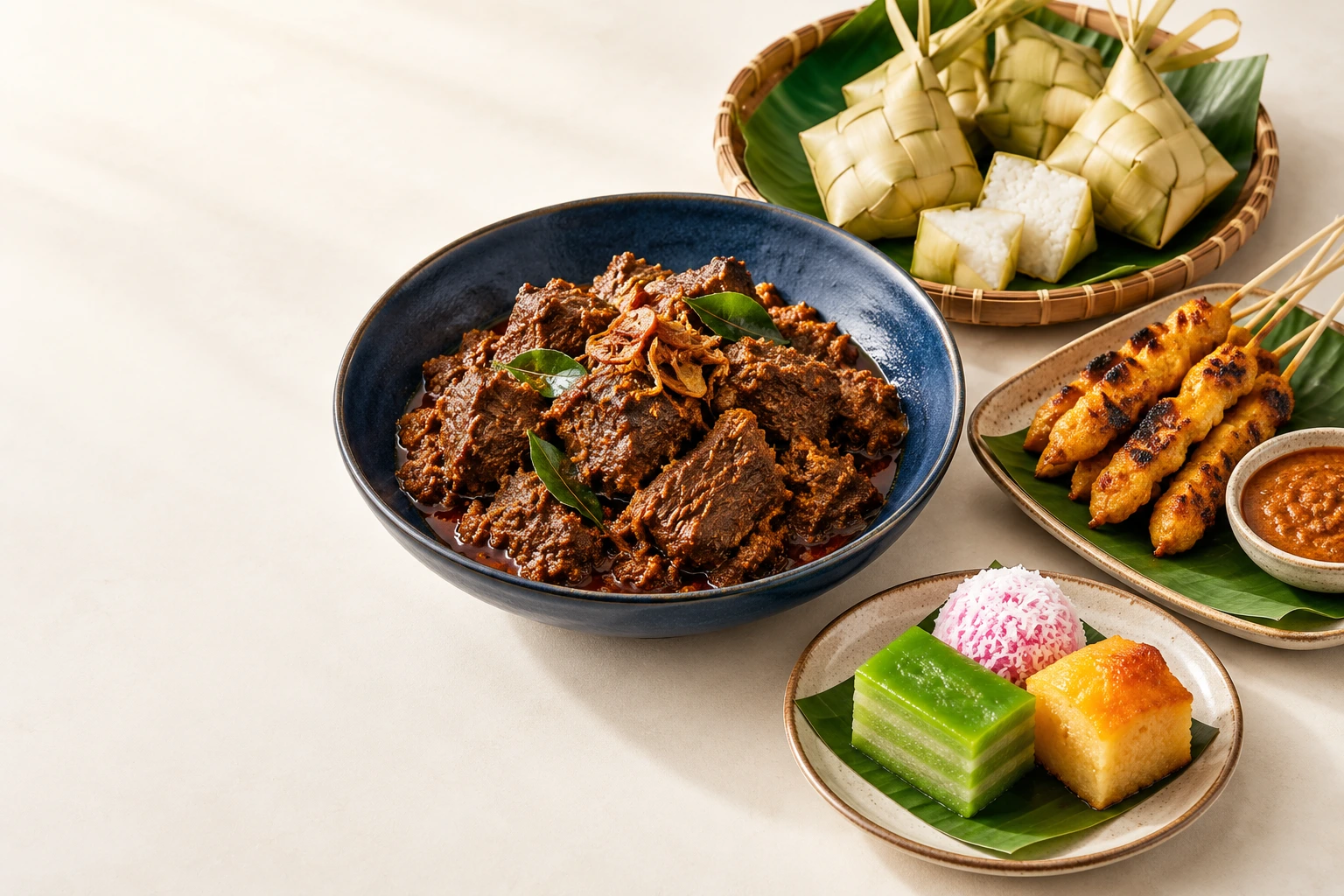 Malaysian food composition with rendang, satay, ketupat and kuih